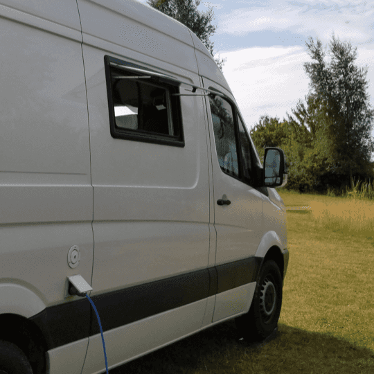 Exterior of van with hookup cable attached
